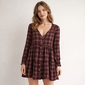 Revolve House of Harlow relaxed mini dress M Burgundy plaid tiered current boho